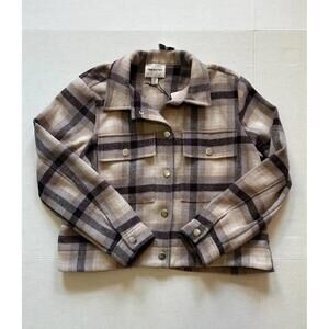 Size Large Industry Plaid Shacket Jacket Women’s Taupe Beige Snap Button NWT